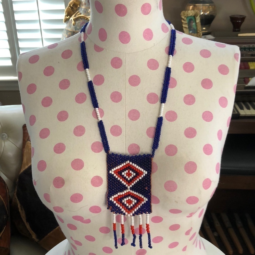 Vintage Native American Beaded Necklace with Diamond Shapes on Pendant
